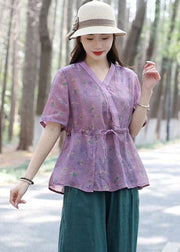 Chic Purple V Neck Print Drawstring Patchwork Linen Shirts Top Summer