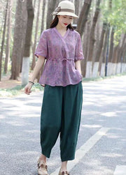 Chic Purple V Neck Print Drawstring Patchwork Linen Shirts Top Summer