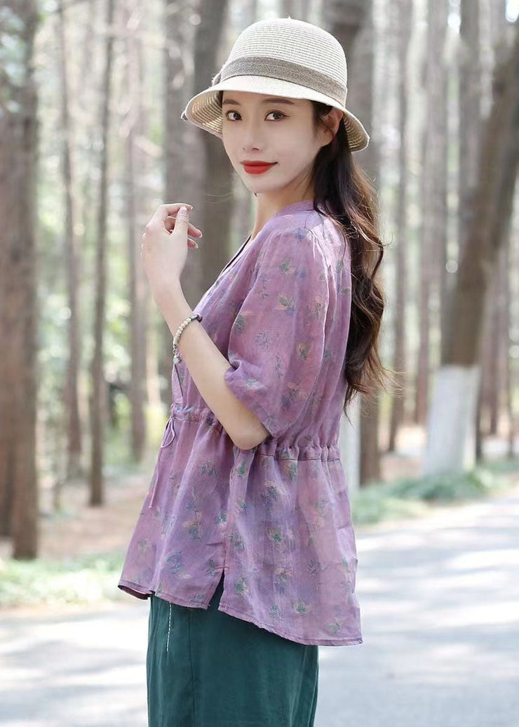 Chic Purple V Neck Print Drawstring Patchwork Linen Shirts Top Summer