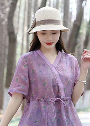 Chic Purple V Neck Print Drawstring Patchwork Linen Shirts Top Summer