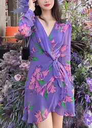 Chic Purple V Neck Print Lace Up Chiffon Mid Dress Long Sleeve