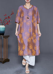 Chic Purple V Neck Print Wear On Both Sides Silk Dresses Summer