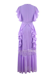 Chic Purple V Neck Ruffled Lace Patchwork Silk Ankle Dress Summer