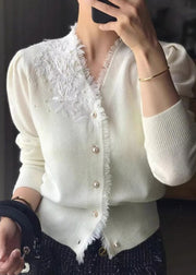 Chic White V Neck Tasseled Embroidered Woolen Cardigan Fall