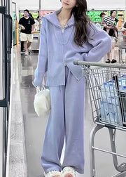 Chic Purple Zip Up Sweaters And Pants Knit Two Pieces Set Spring