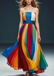 Chic Rainbow Cinched Exra Large Hem Chiffon Strapless Pleated Dress Summer