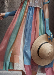 Chic Rainbow Ruffled Patchwork Silk Long Dresses Summer