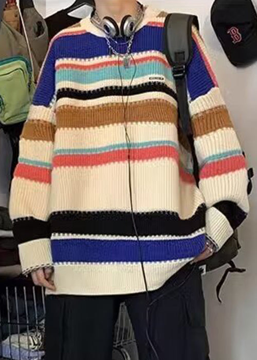 Chic Rainbow Striped Cozy Knit Mens Sweaters Winter