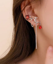 Chic Red Alloy Zircon Crystal Oil Drip Asymmetry Tassel Drop Earrings