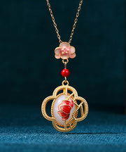 Chic Red Ancient Gold Inlaid Jade Lotus Flower Agate Pendant Necklace