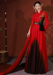 Chic Red Asymmetrical Embroidered Patchwork Chiffon Long Dress Fall