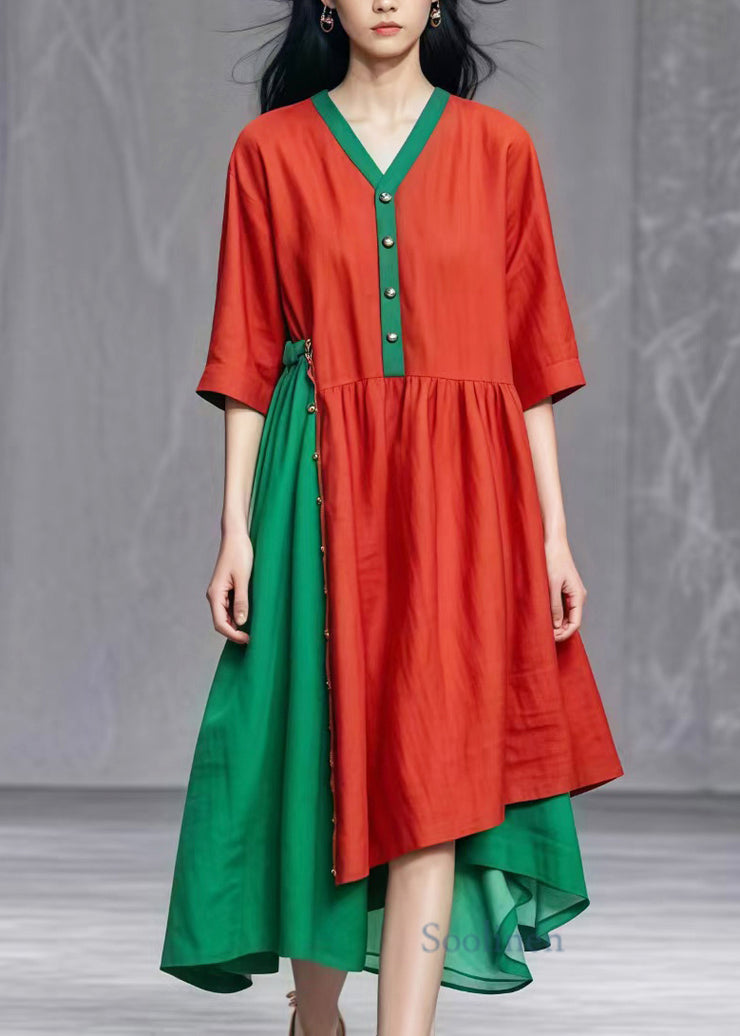 Chic Red Asymmetrical Patchwork Cotton Dresses Summer