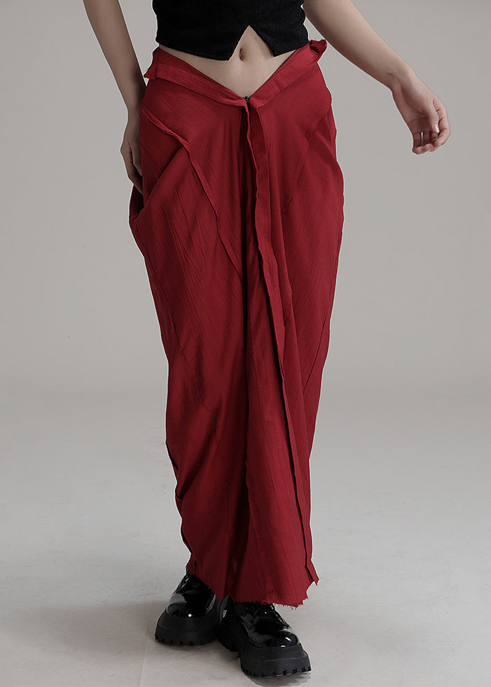 Chic Red Asymmetrical Pockets Cotton Maxi Skirts Spring