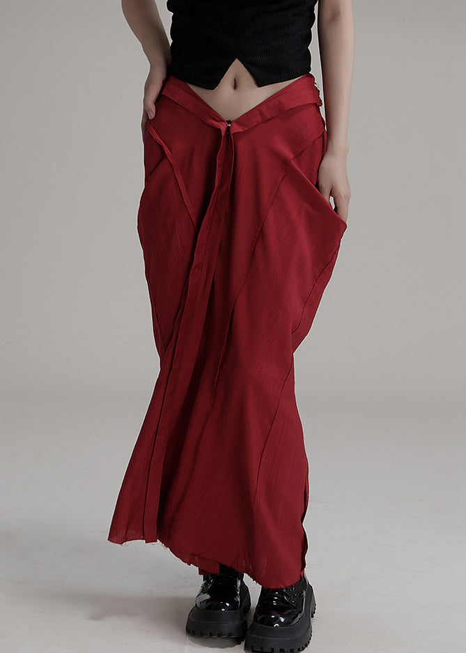 Chic Red Asymmetrical Pockets Cotton Maxi Skirts Spring