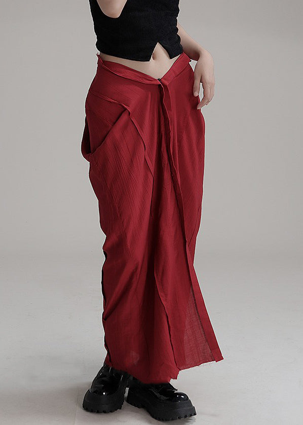 Chic Red Asymmetrical Pockets Cotton Maxi Skirts Spring