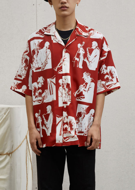 Chic Red Button Print Cotton Men Shirts Summer