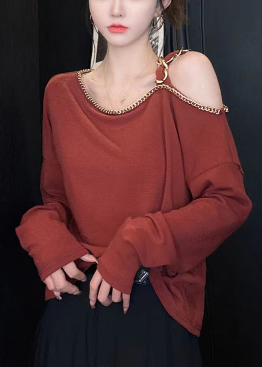 Chic Red Cold Shoulder Chain Linked Cotton Top Long Sleeve