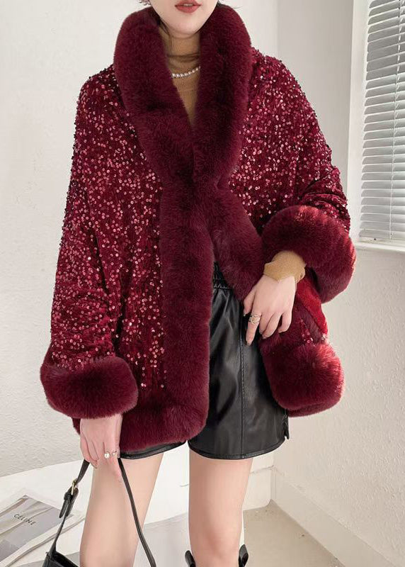 Chic Red Fur Collar Sequins Warm Fleece Cape Coat Winter