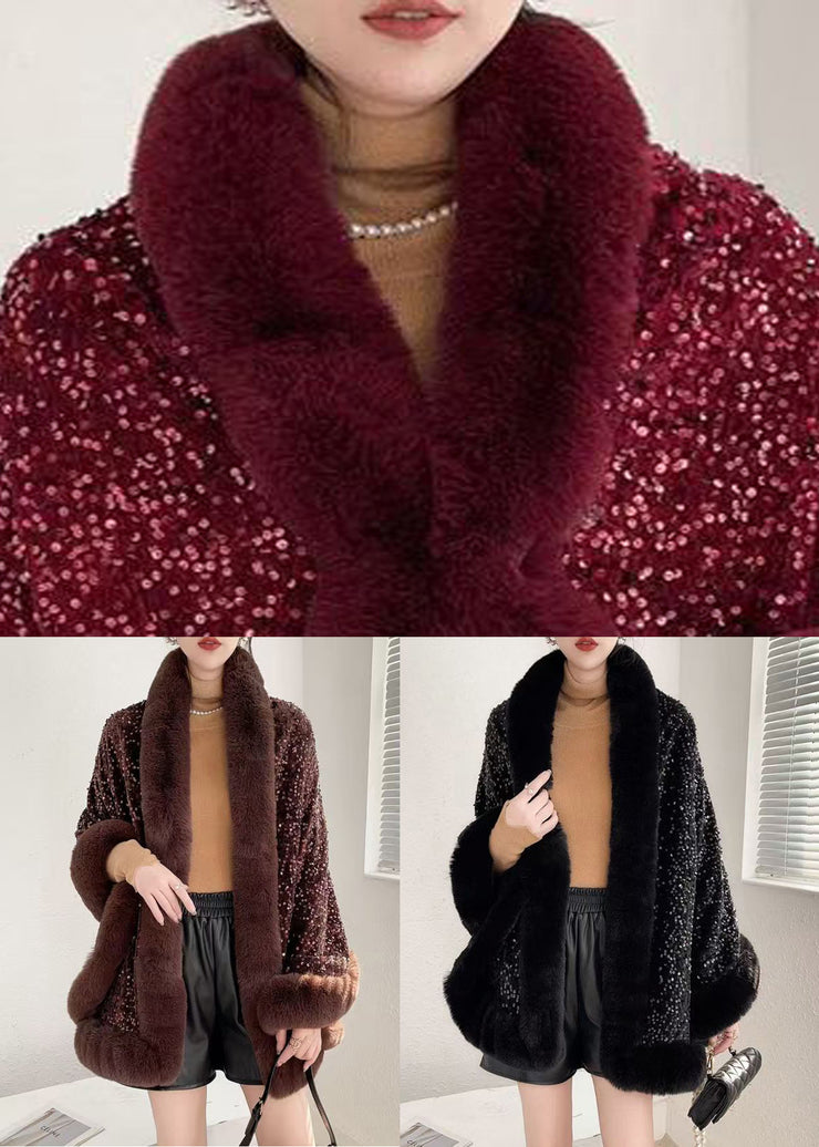 Chic Red Fur Collar Sequins Warm Fleece Cape Coat Winter