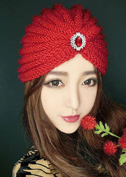 Chic Red Gem Stone Patchwork Knit Bonnie Hat