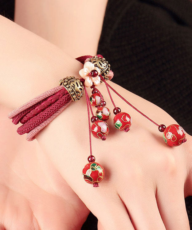 Chic Red Hand Knitting Alloy Cloisonne Shell Flower Charm Bracelet