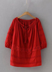 Chic Red Lace Patchwork Hollow Out Shirt Long Sleeve