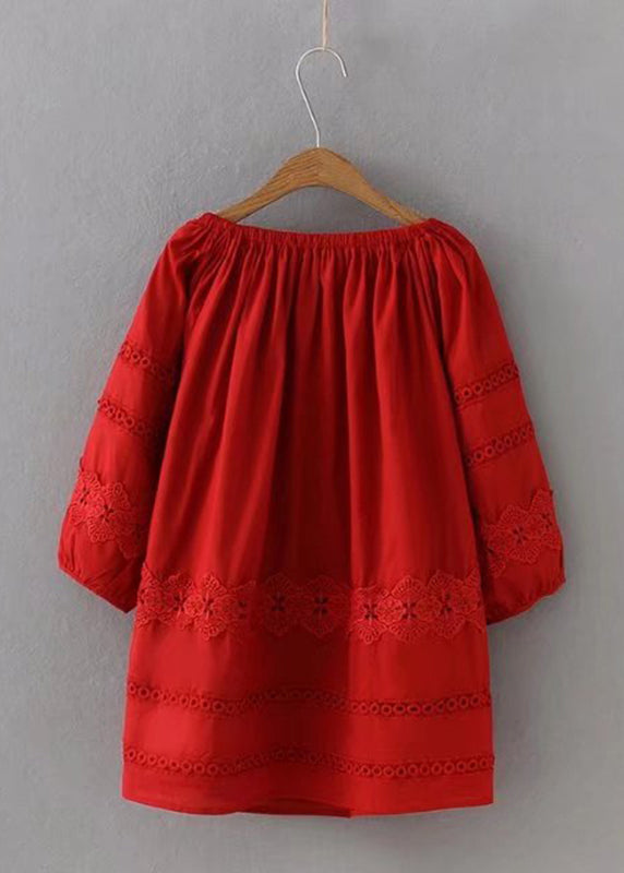 Chic Red Lace Patchwork Hollow Out Shirt Long Sleeve