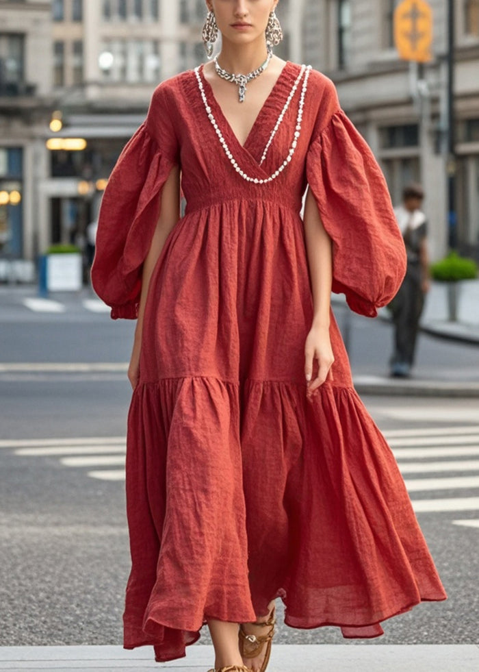 Chic Red Nail Bead Exra Large Hem Cotton Dress Fall