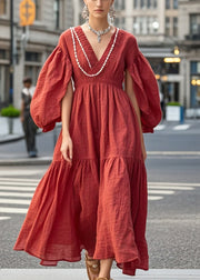 Chic Red Nail Bead Exra Large Hem Cotton Dress Fall