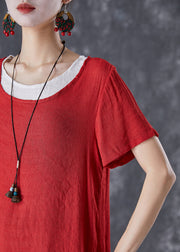 Chic Red O-Neck Asymmetrical Linen Two Pieces Set Summer