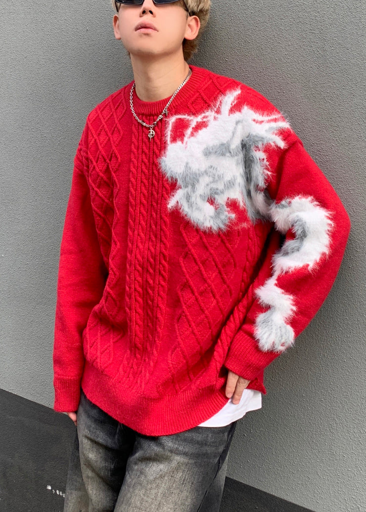 Chic Red O Neck Cozy Patchwork Knit Mens Sweaters Winter