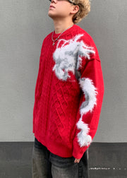 Chic Red O Neck Cozy Patchwork Knit Mens Sweaters Winter