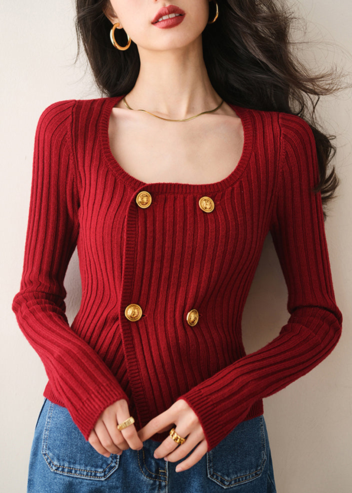 Chic Red O Neck Double Breast Knit Cardigan Spring