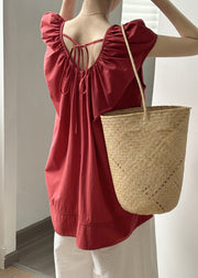 Chic Red O Neck Lace Up Loose Cotton Top Summer