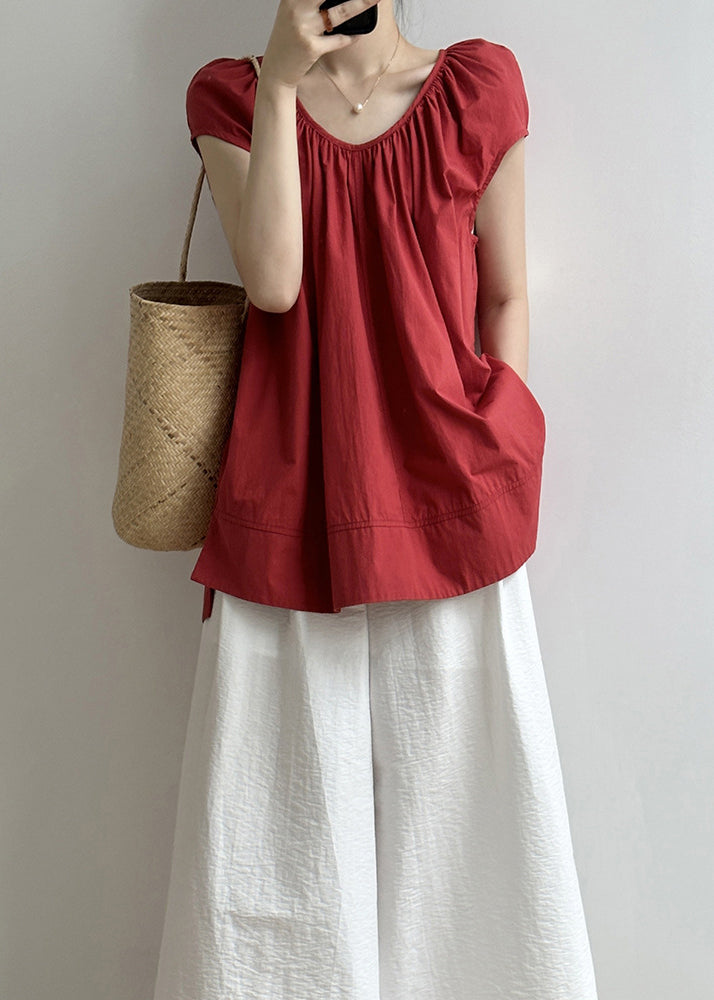 Chic Red O Neck Lace Up Loose Cotton Top Summer