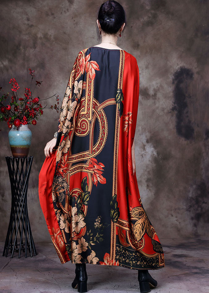 Chic Red O-Neck Oversized Print Silk Long Dress Short Sleeve