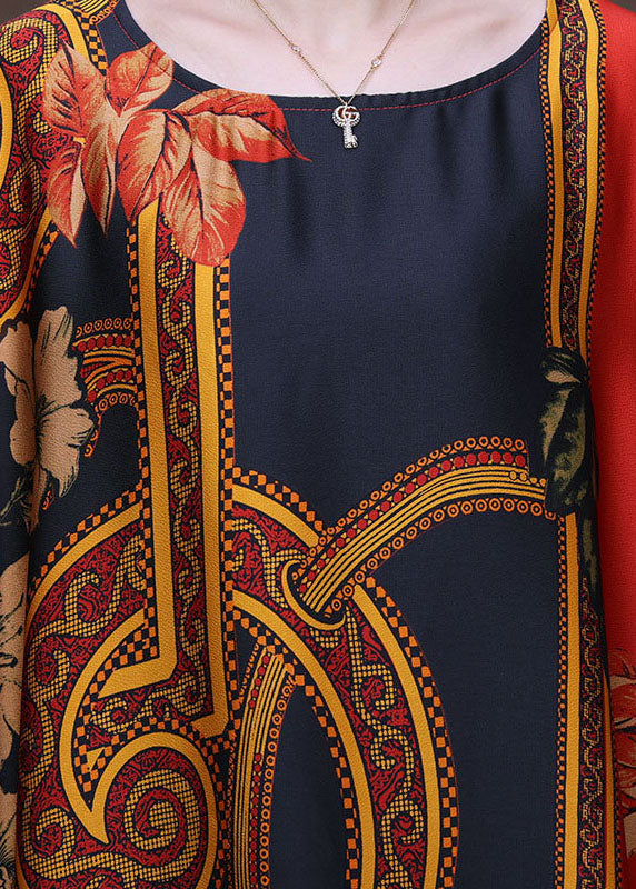 Chic Red O-Neck Oversized Print Silk Long Dress Short Sleeve