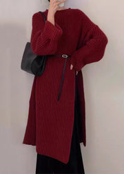 Chic Red O Neck Side Open Knit Long Sweater Winter