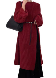 Chic Red O Neck Side Open Knit Long Sweater Winter