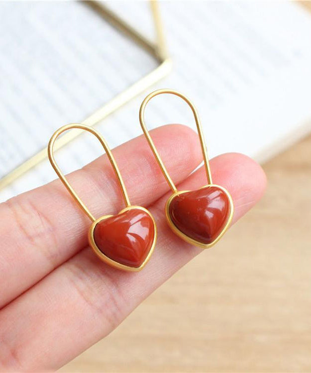 Chic Red Overgild Inlaid Agate Love Hoop Earrings