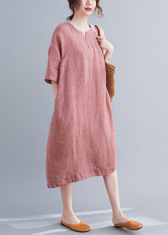 Chic Red Oversized Plaid Linen A Line Dresses Summer