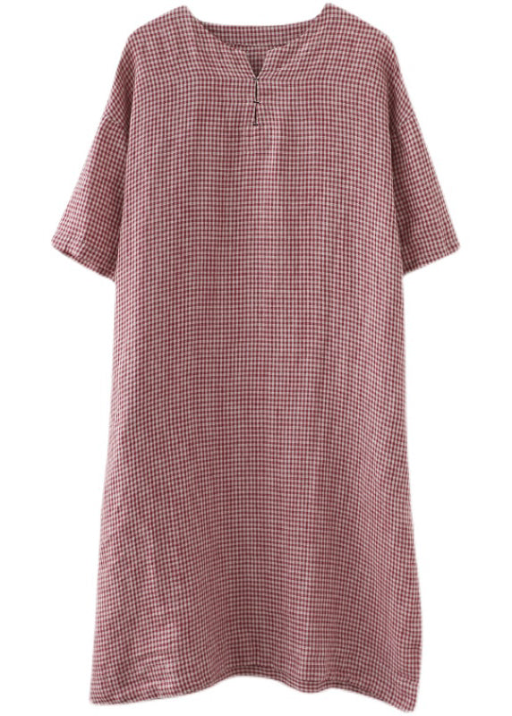 Chic Red Oversized Plaid Linen A Line Dresses Summer