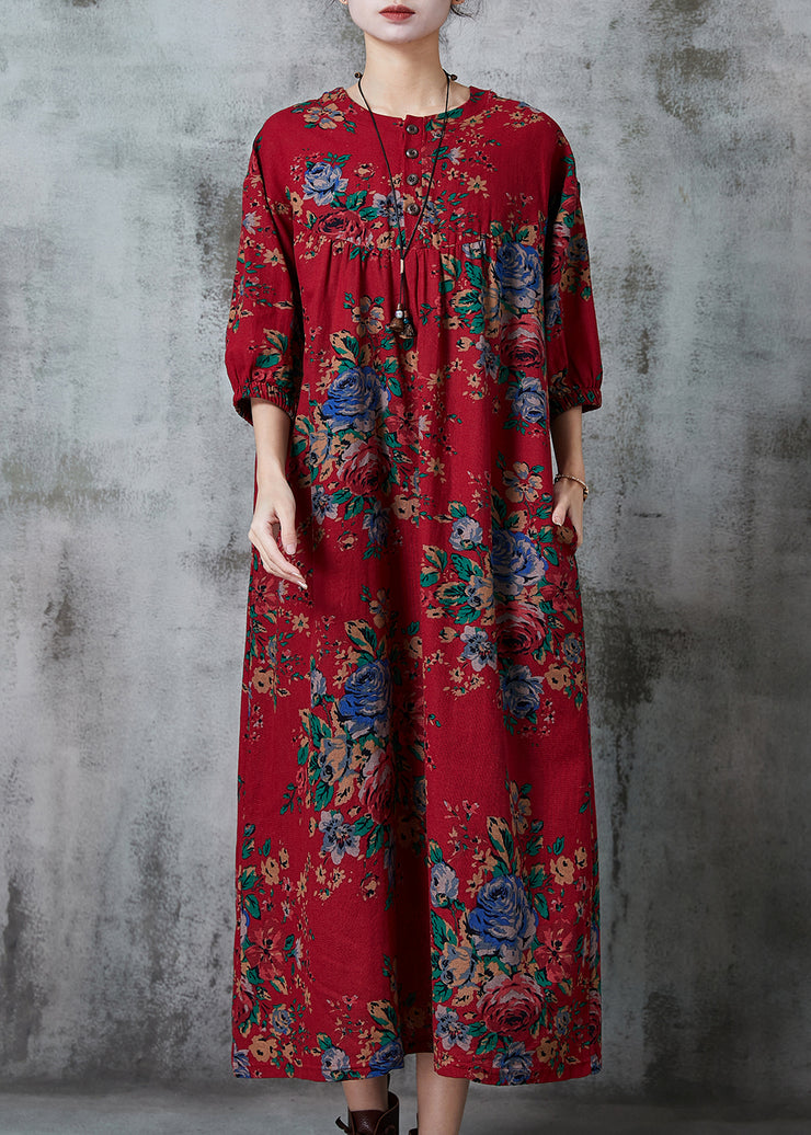 Chic Red Oversized Print Cotton Long Dress Summer