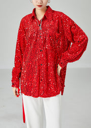 Chic Red Oversized Sequins Silk Velour Shirt Tops Spring