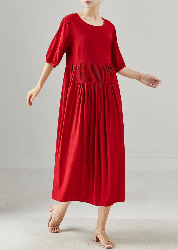 Chic Red Oversized Wrinkled Cotton Dresses Half Sleeve