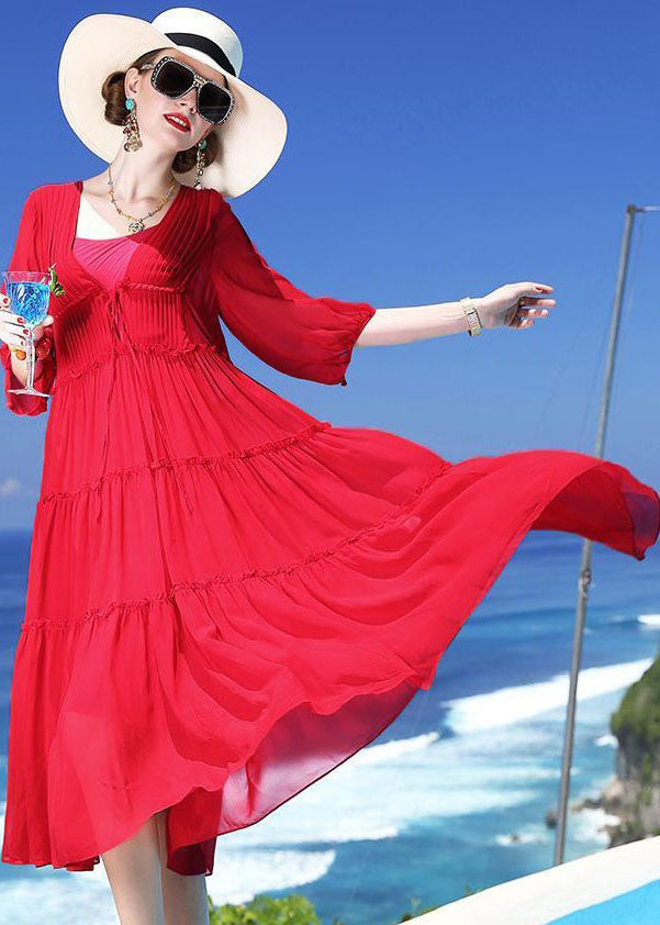 Chic Red Patchwork Silk Two Pieces Set Beach Holiday Dress Summer