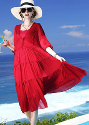 Chic Red Patchwork Silk Two Pieces Set Beach Holiday Dress Summer