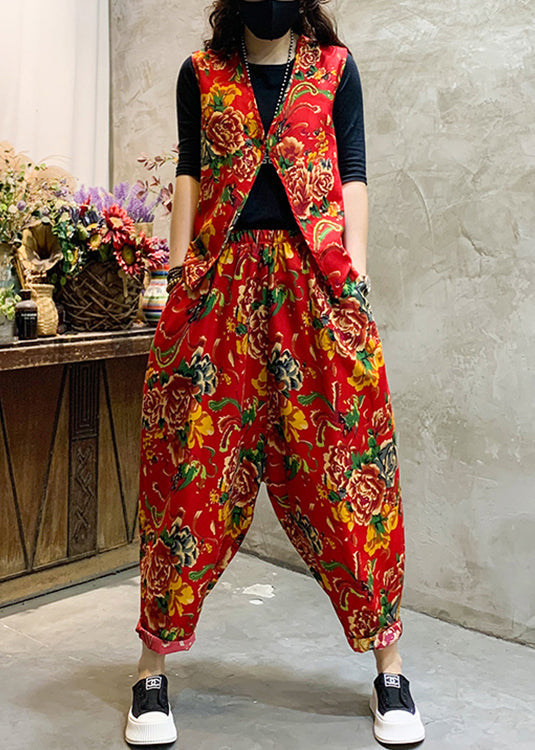 Chic Red Print Elastic Waist Patchwork Cotton Two-Piece Set Sleeveless