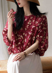 Chic Red Print Lace Up Cotton T Shirt Half Sleeve