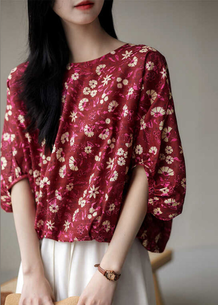 Chic Red Print Lace Up Cotton T Shirt Half Sleeve